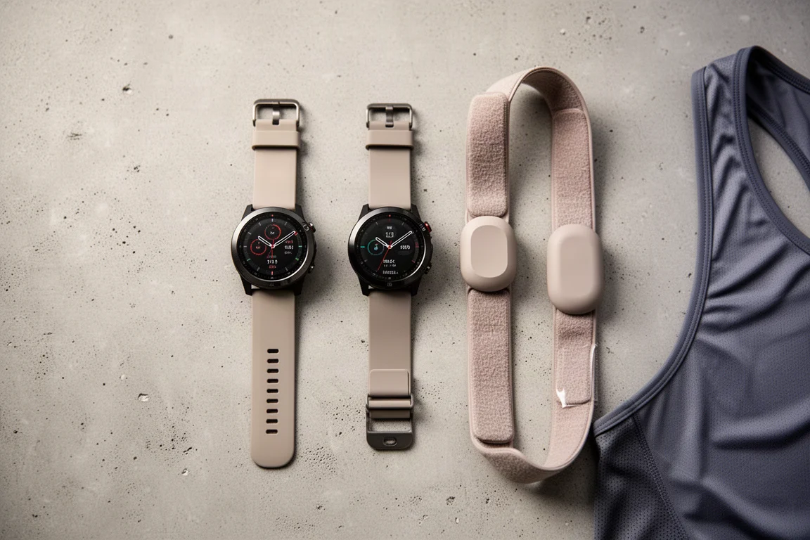 Tre smartwatch e una fascia toracica con sensore di frequenza cardiaca disposti su un tavolo