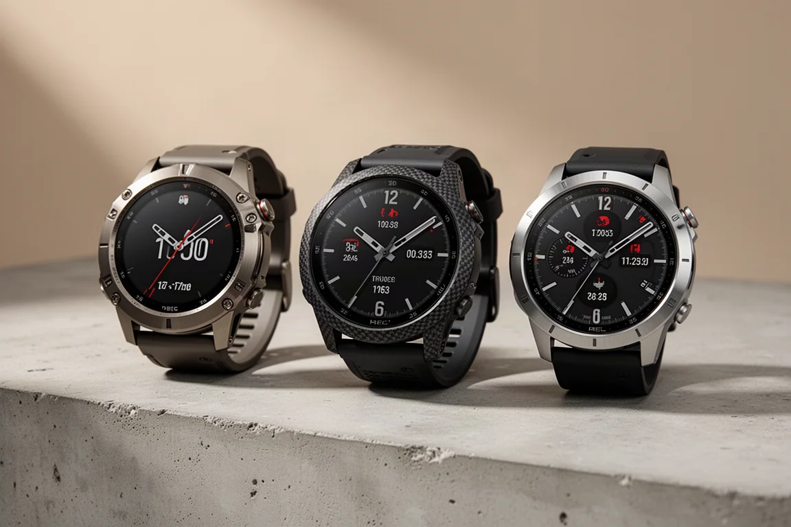 Three GPS sports watches and a heart rate chest strap arranged on a concrete surface