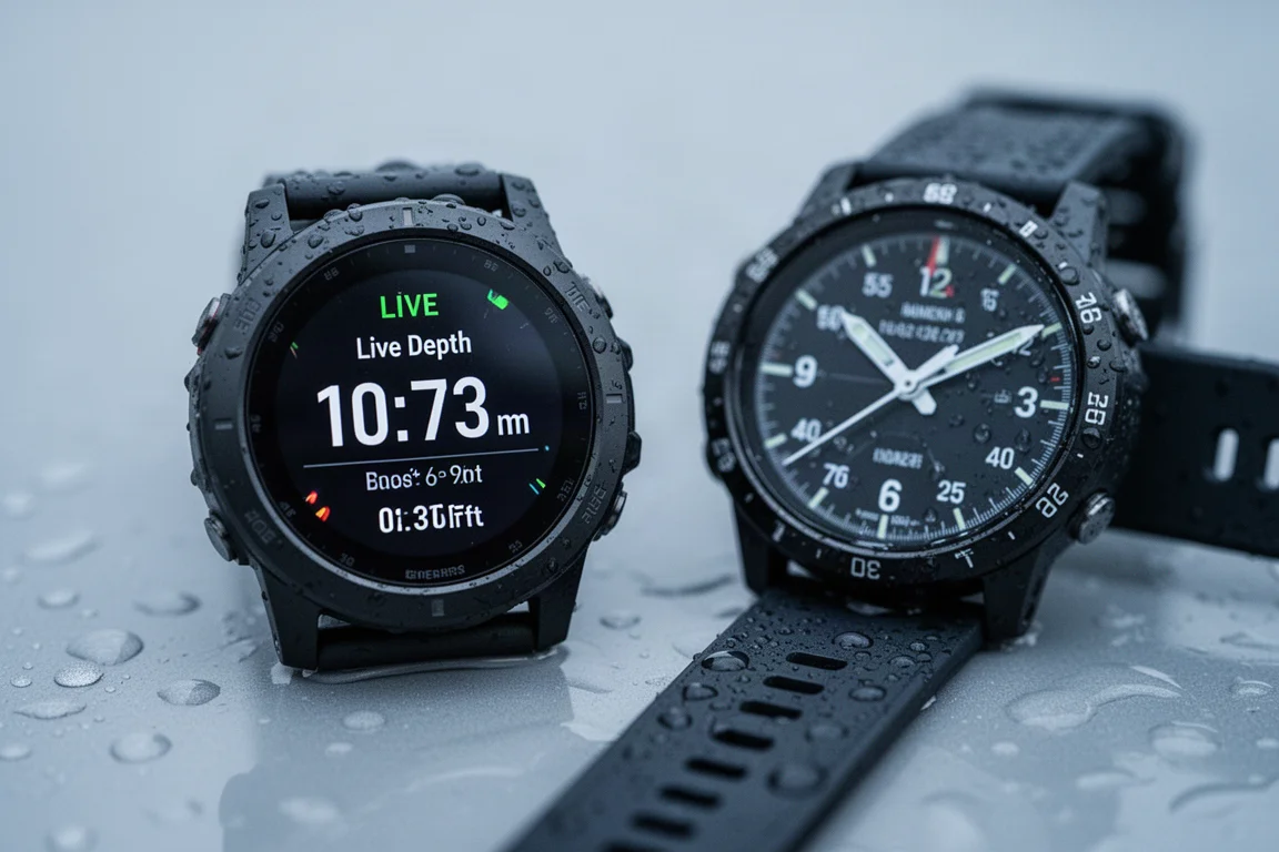 Schermo di uno smartwatch con letture di profondità in tempo reale accanto a un manometro da sub