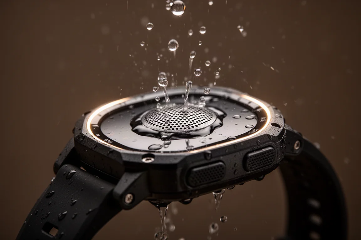 Smartwatch robusto che espelle l'acqua dal suo altoparlante dopo un test di pressione