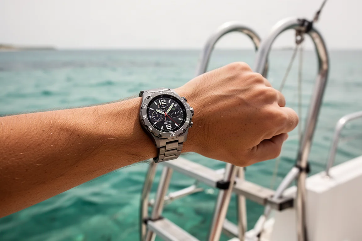 Polso con uno smartwatch robusto in titanio sopra una scena di immersione ricreativa