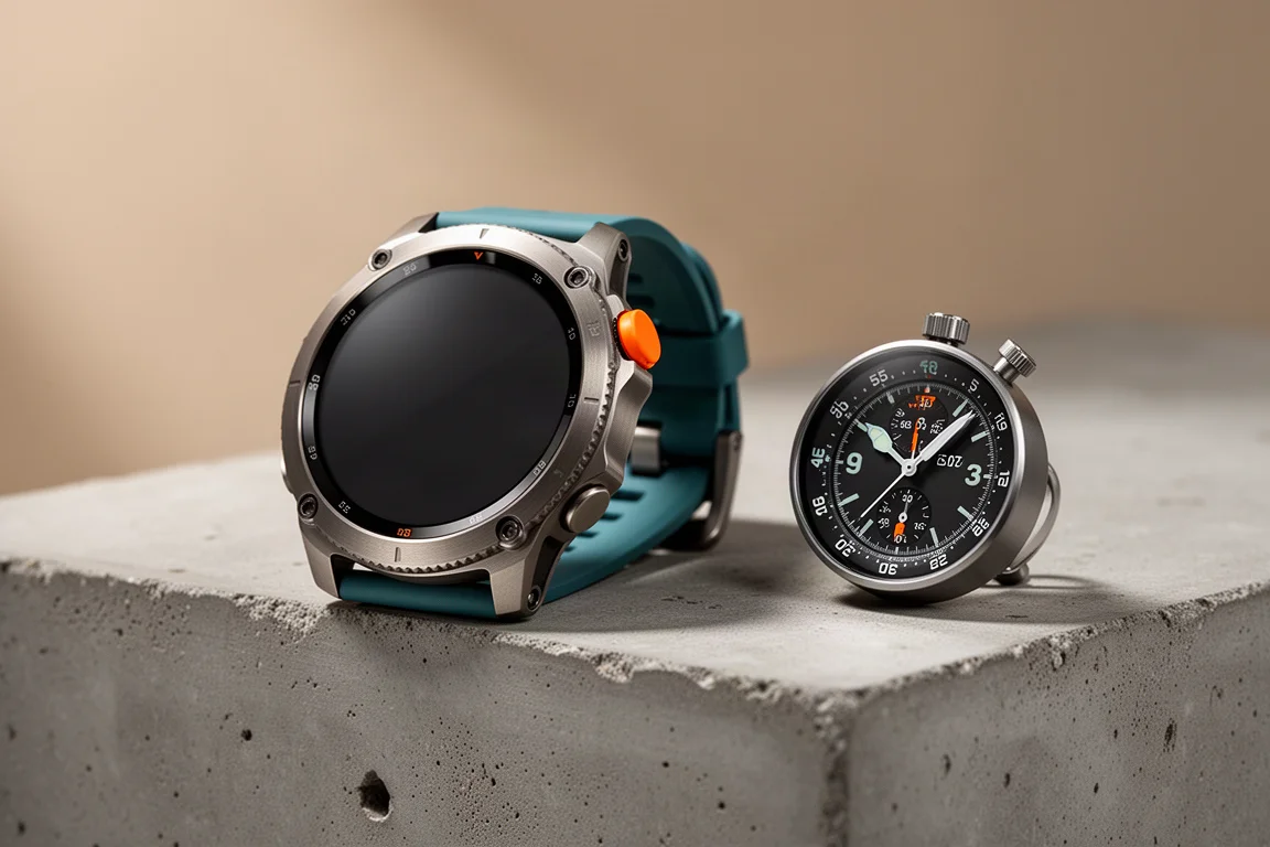 Rugged titanium smartwatch next to an analog dive gauge on concrete