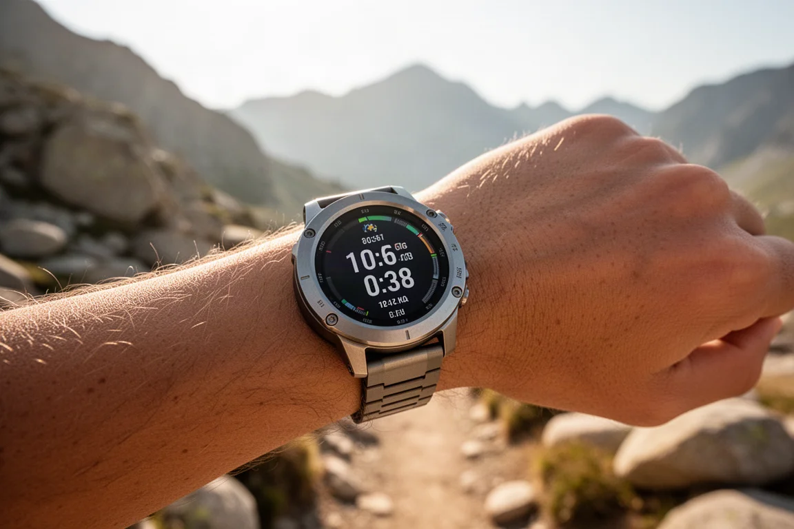 Ciclista verificando a tela de um smartwatch resistente sob luz forte do sol em trilha de montanha
