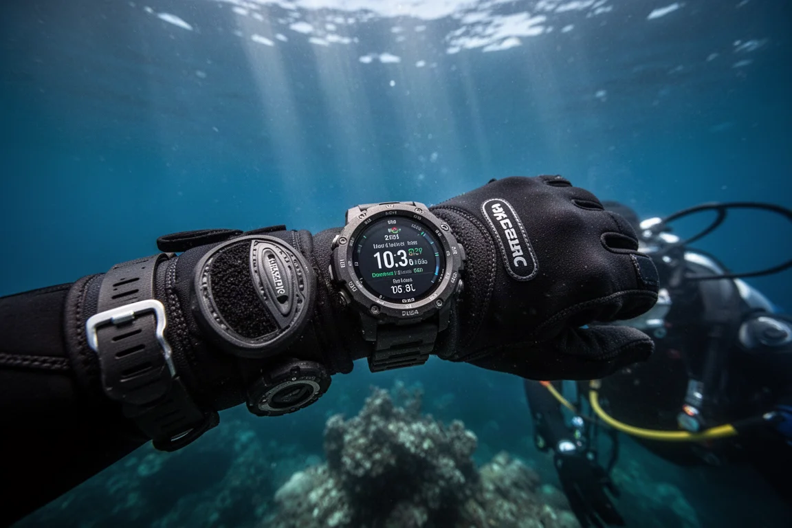 Mergulhador de scuba embaixo d'água verificando um relógio computador de mergulho, água azul e raios de luz