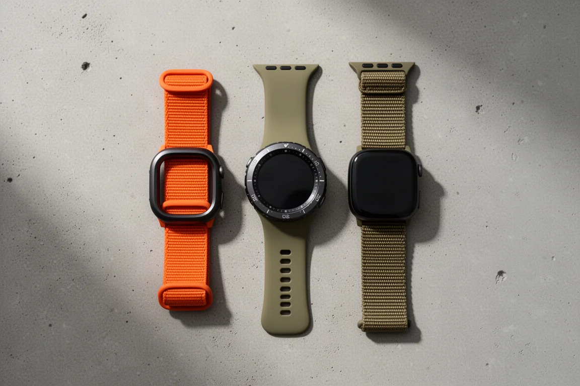 Três pulseiras de smartwatch resistente dispostas sobre uma superfície de concreto