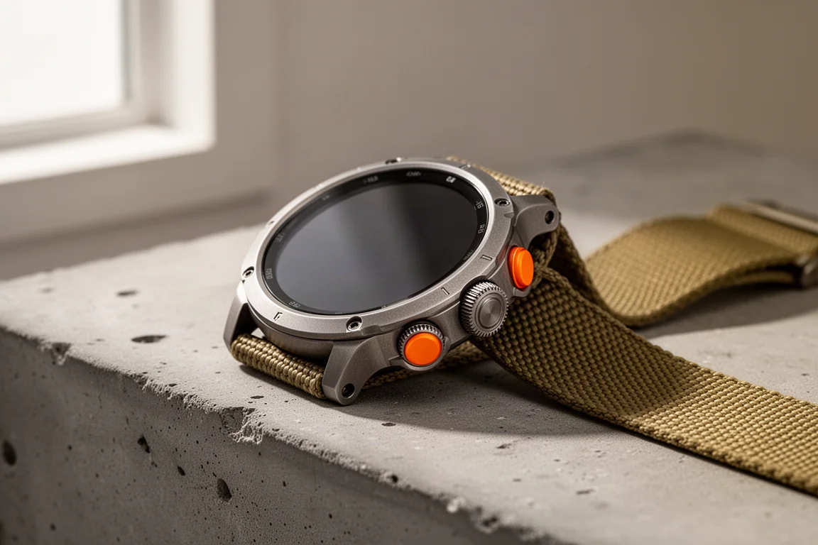 Rugged titanium smartwatch with orange action button on concrete surface