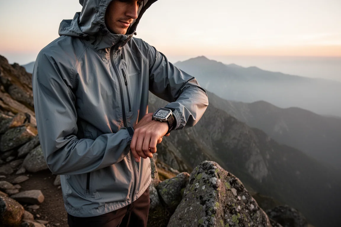 Hiker checking a rugged smartwatch on a rocky mountain trail at sunrise