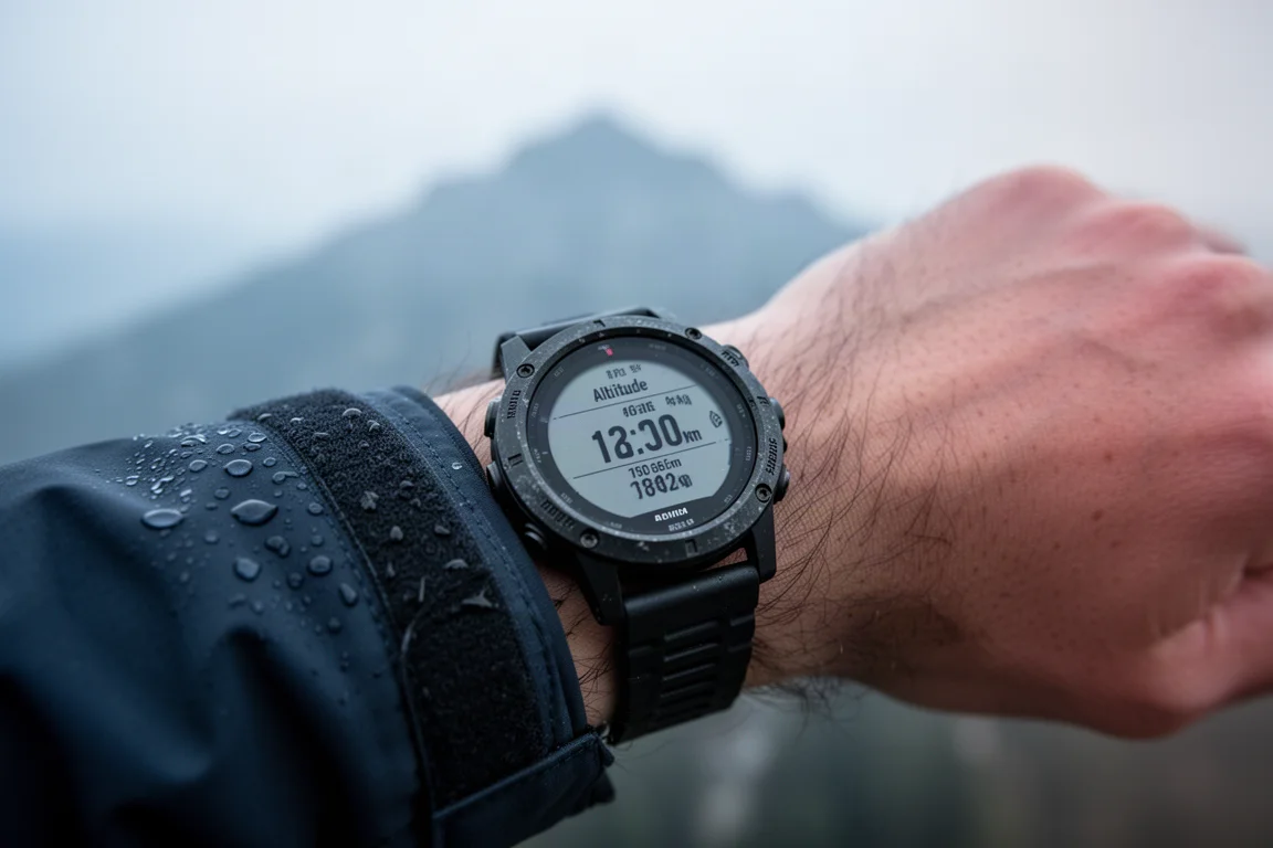 Close-up of a watch showing an altitude reading beside a hazy ridge line