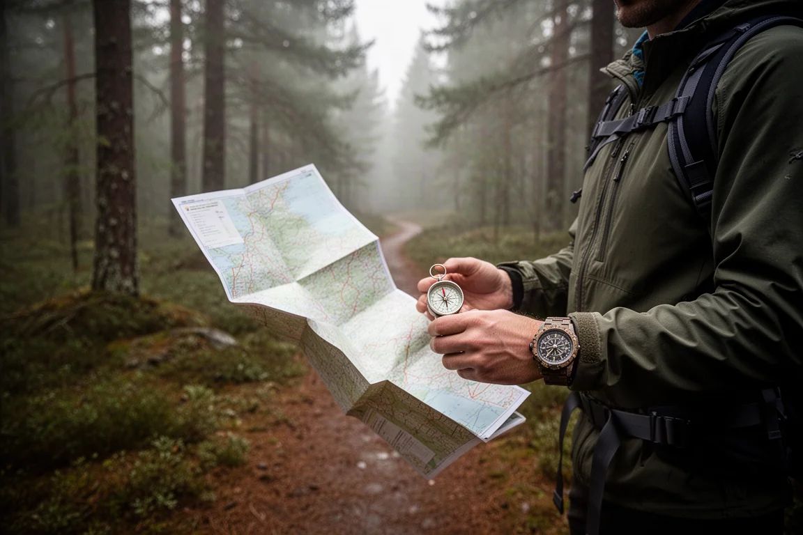 Hiker with a paper map and compass at a forest trail junction