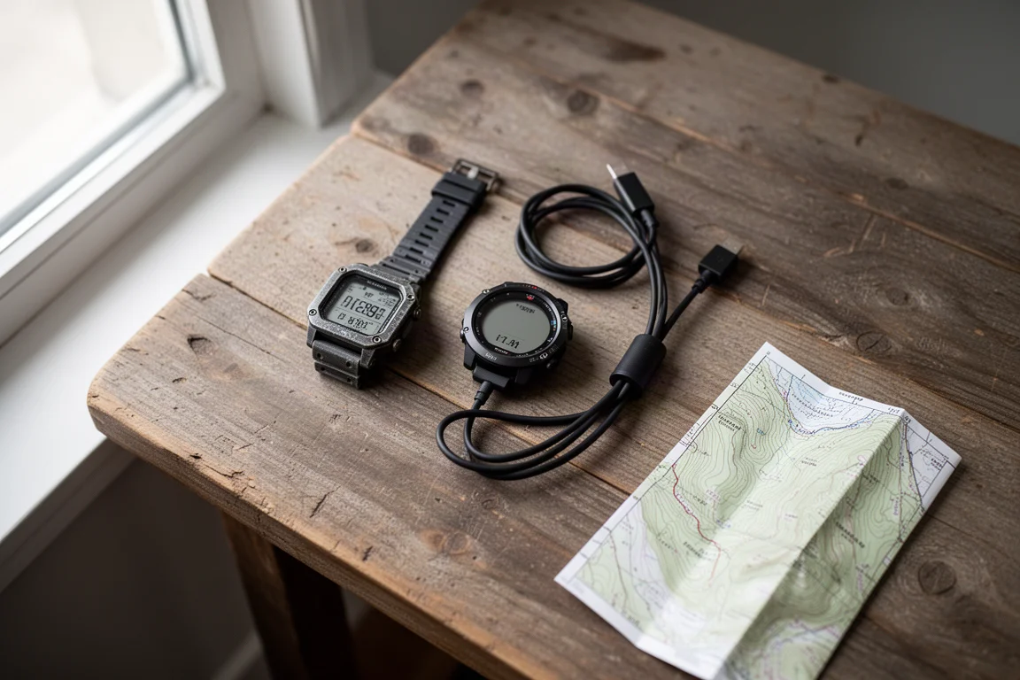 Two outdoor watches and a charging cable on a weathered wooden table