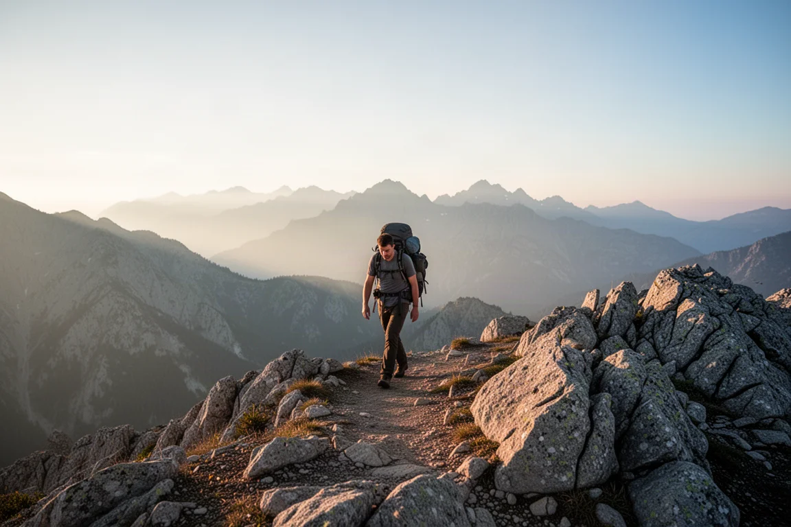 Randonneur avec sac à dos marchant sur une crête rocheuse aux premières lueurs du jour