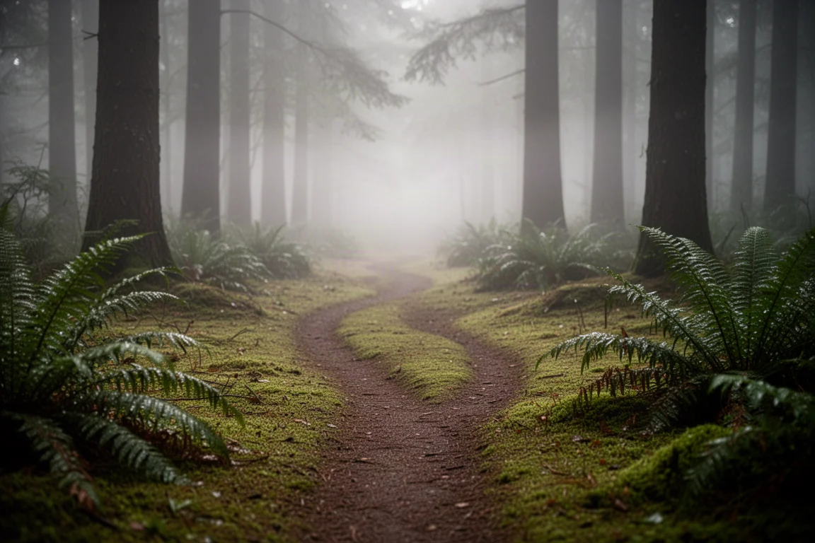 Sentier forestier se divisant en deux chemins à peine visibles sur un sol moussu dans la brume