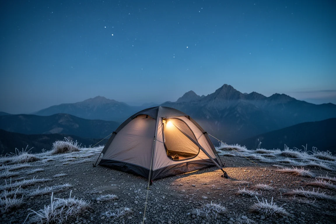 Petite tente montée sur un plateau au crépuscule avec des sommets en silhouette derrière
