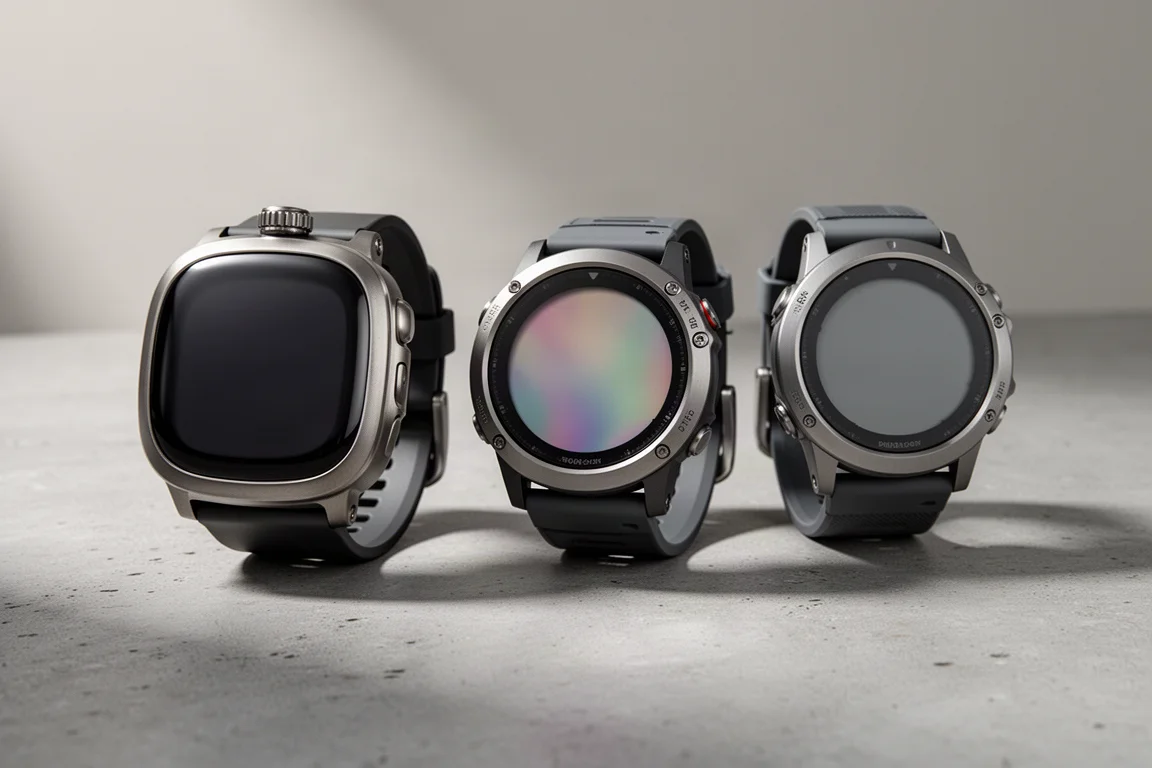 Three outdoor watches arranged on a grey concrete surface in soft studio light