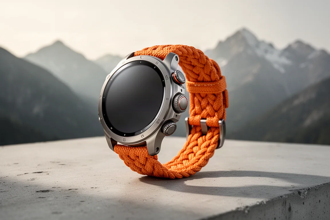 Rugged titanium smartwatch with orange alpine strap on concrete with mountains behind