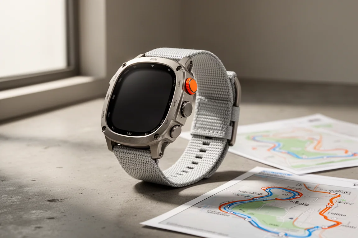 Rugged titanium smartwatch with orange action button on a concrete surface