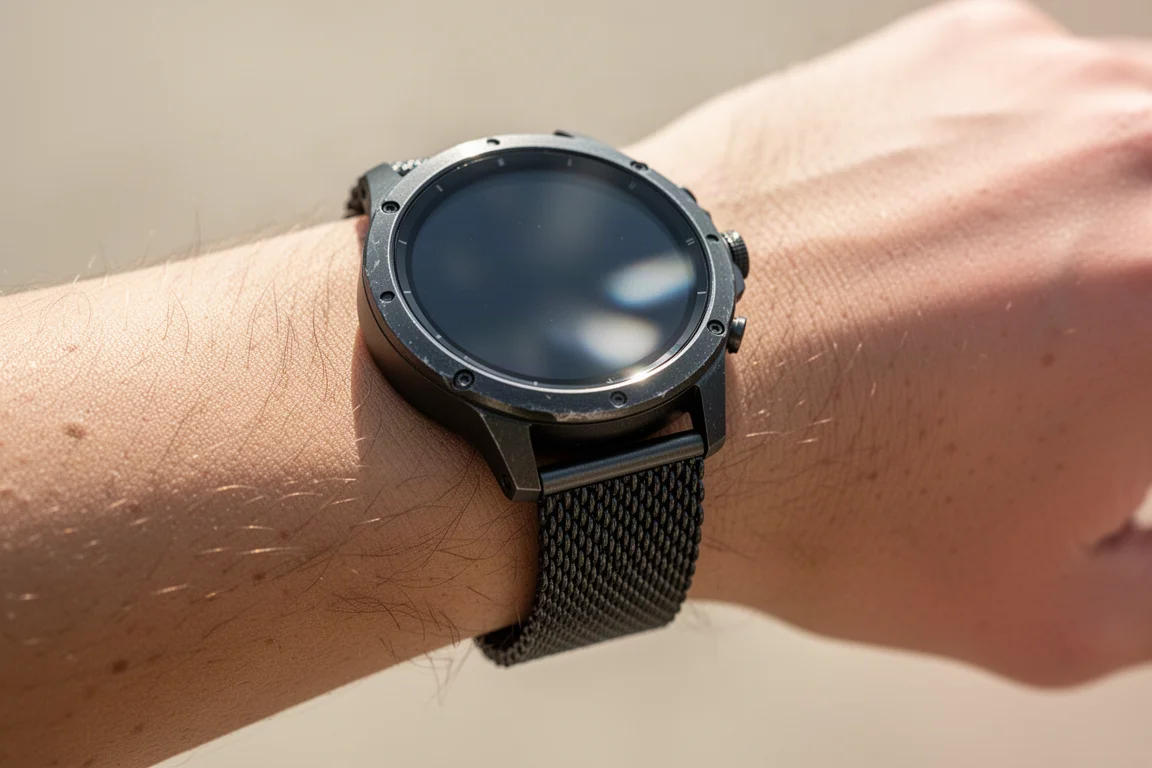 黑色 Apple Watch Ultra 配上鈦金屬網面錶帶,在日光下佩戴於手腕