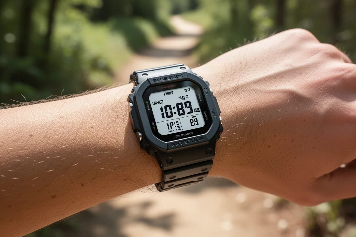 Runner checking a large bright smartwatch display outdoors on a sunny morning