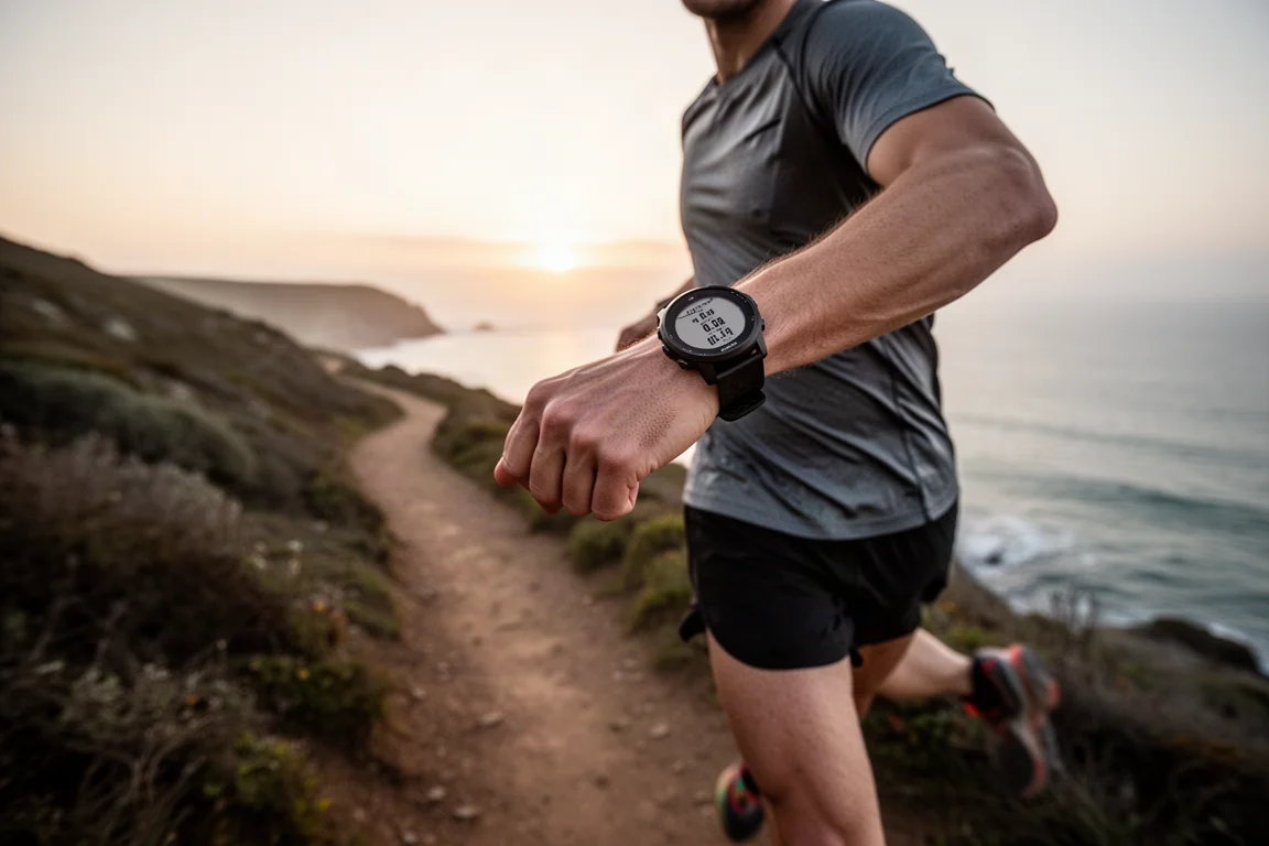 Trail runner navigating a coastal path at dusk with GPS watch active