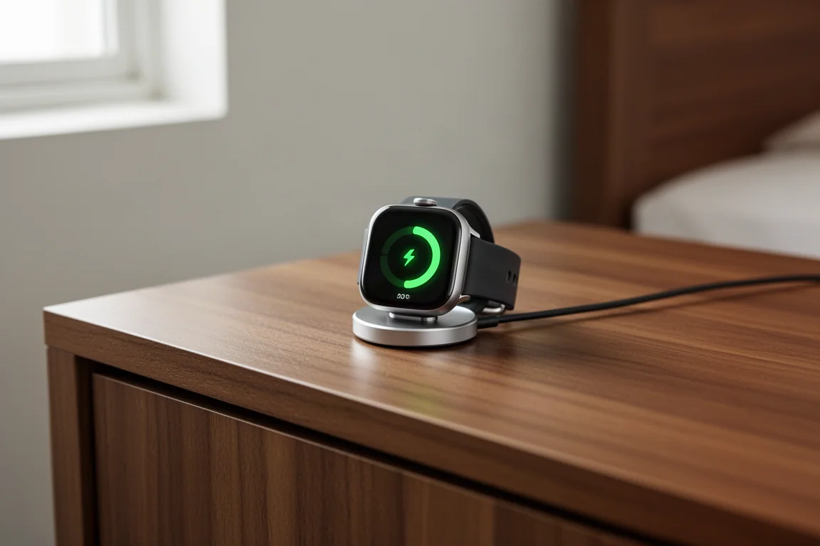 Smartwatch charging on a small cable stand on a wooden bedside table