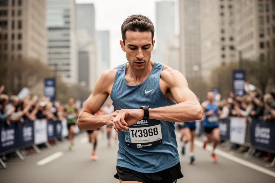 Corridore che controlla l'orologio durante una maratona su una strada cittadina