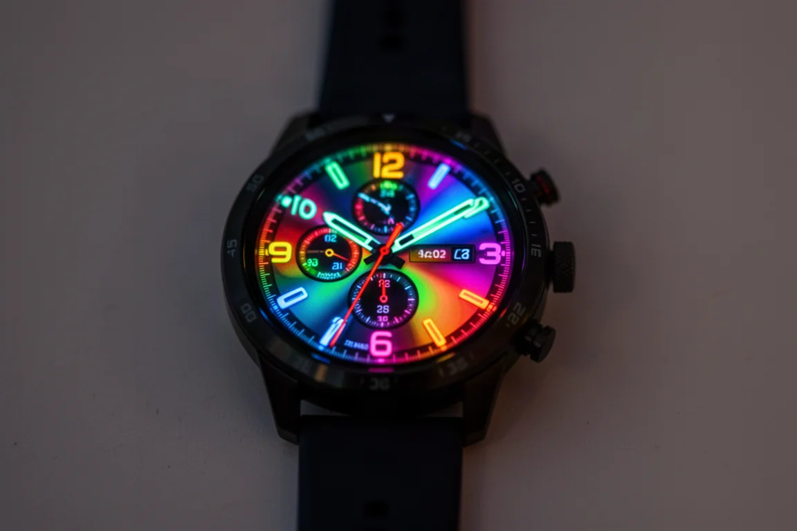 Quadrante rotondo AMOLED luminoso che brilla nella luce serale soffusa