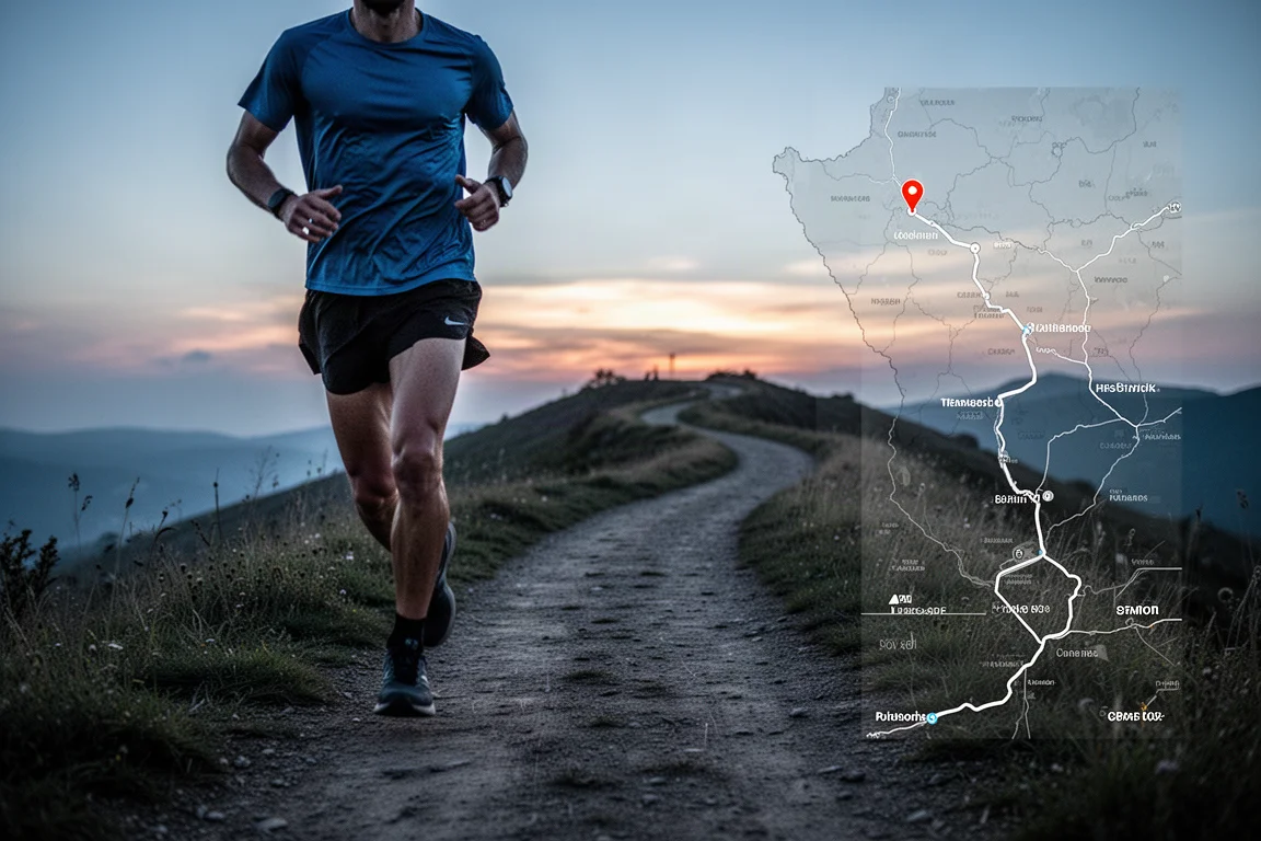 Corridore che segue un percorso mappato su un sentiero al crepuscolo