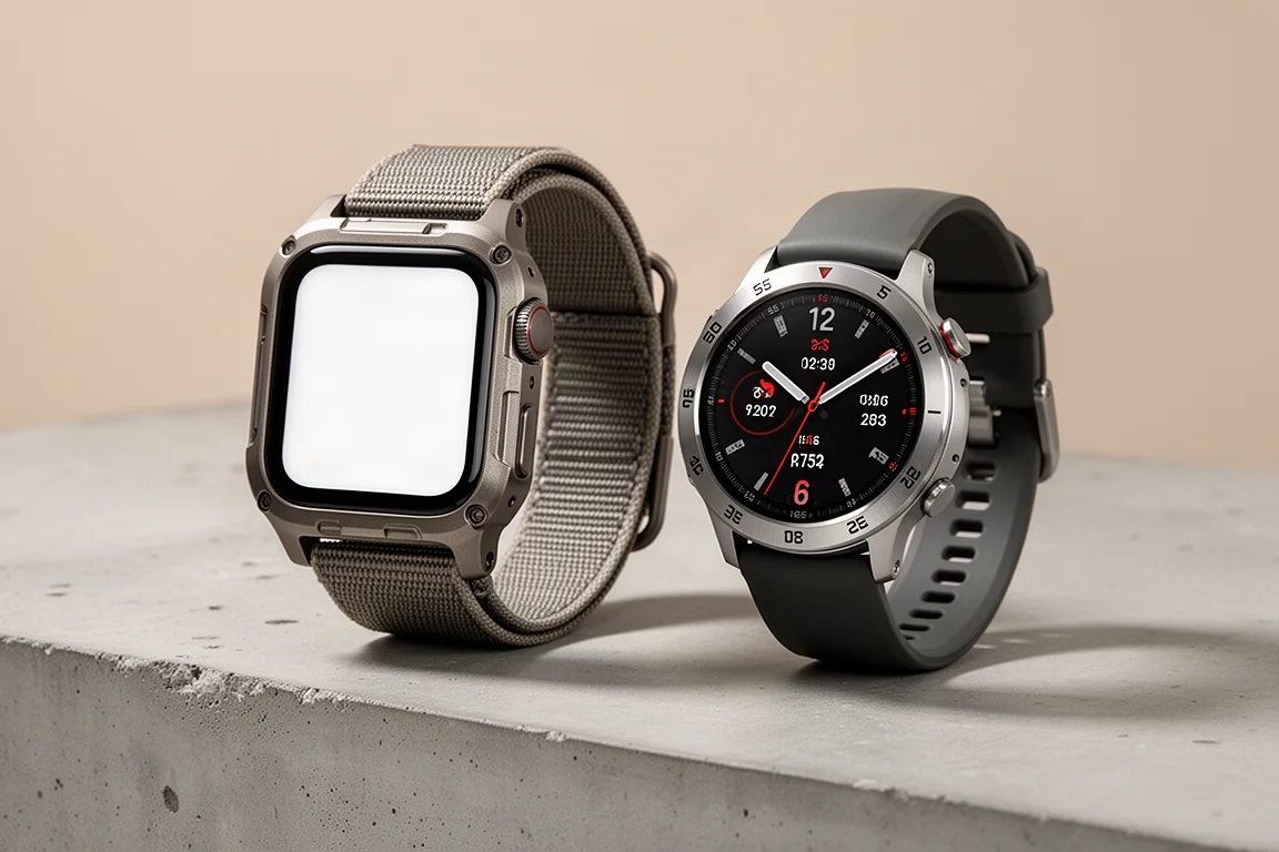 Rugged titanium smartwatch and round multisport GPS watch side by side on concrete