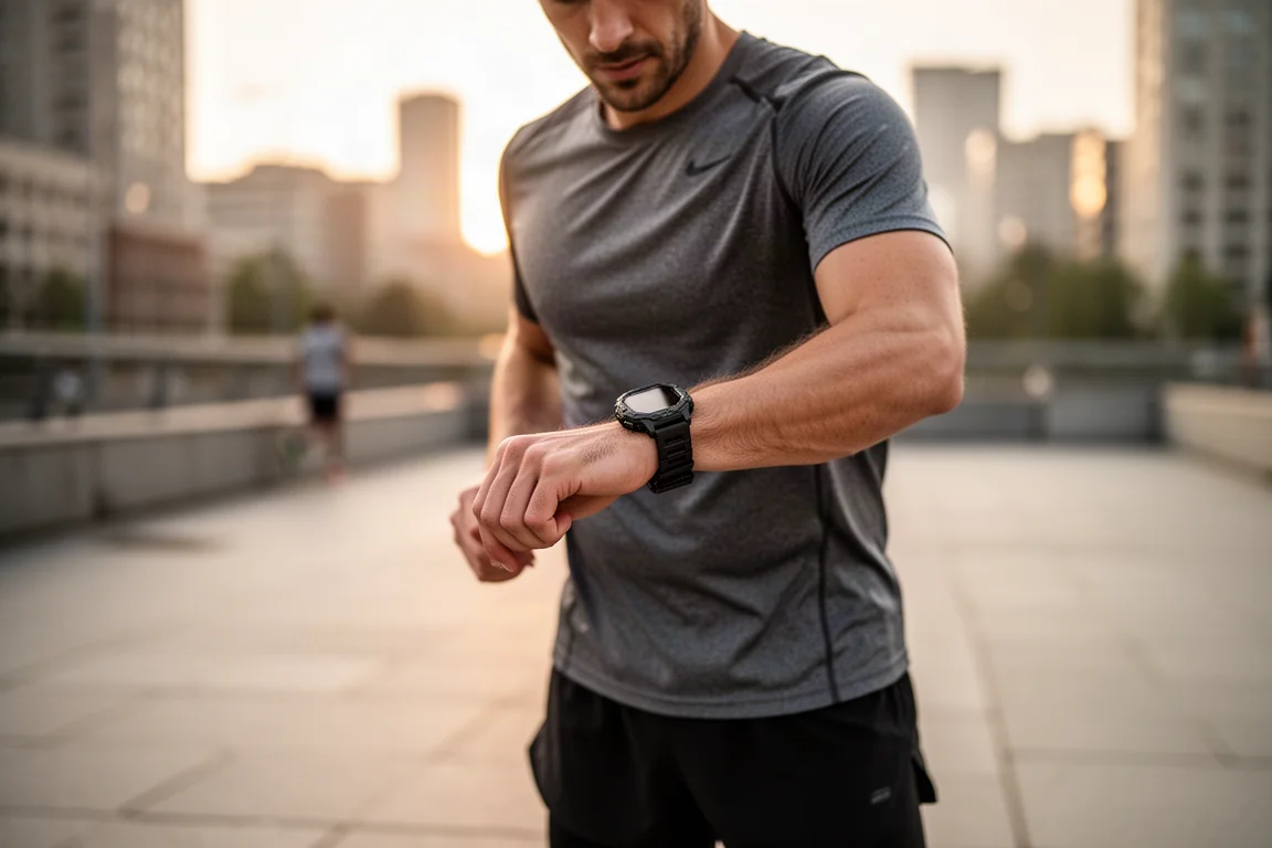 Runner checking a smartwatch before setting off on a city street