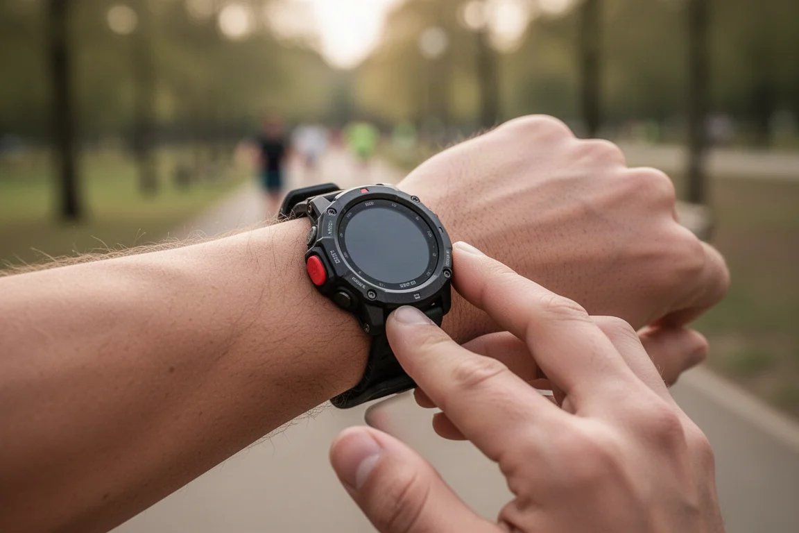 Close-up of a runner pressing a side button on a sports watch mid-run