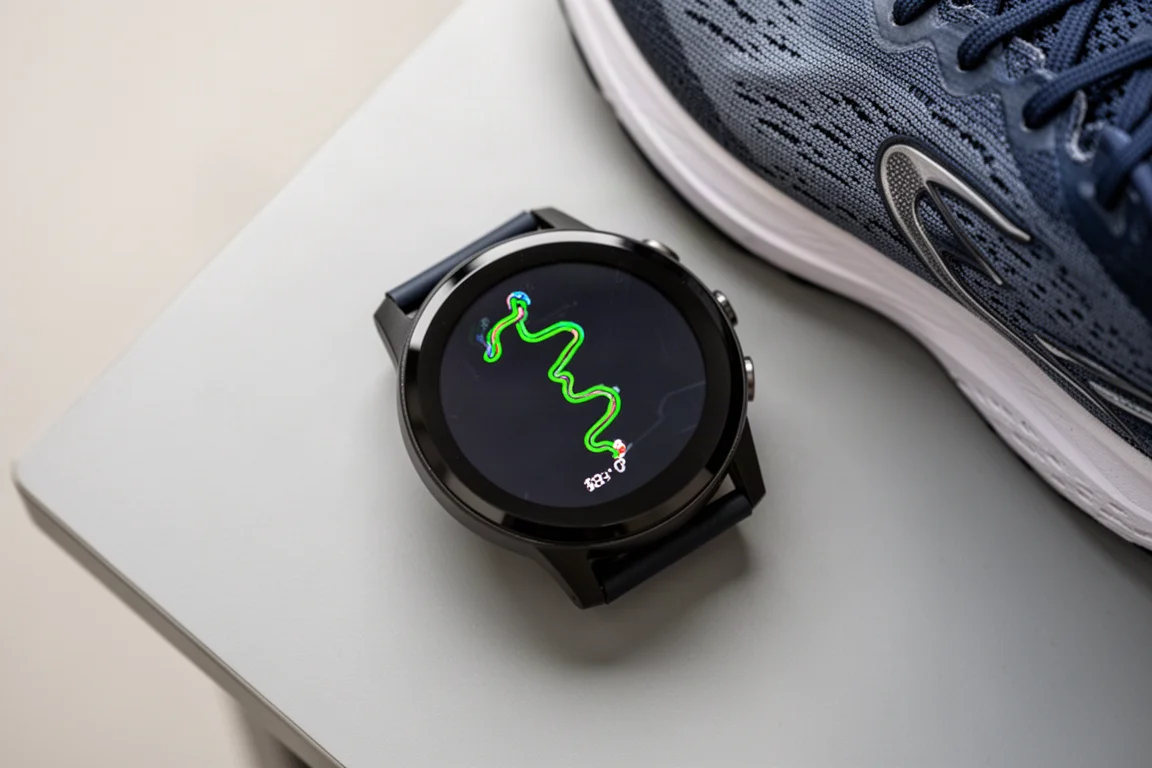 GPS track of a running route displayed on a dark screen