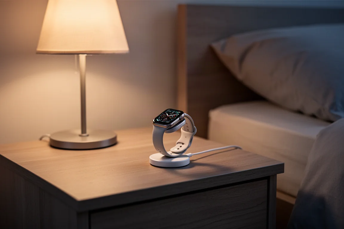 Sports watch charging on a stand beside a bedside lamp