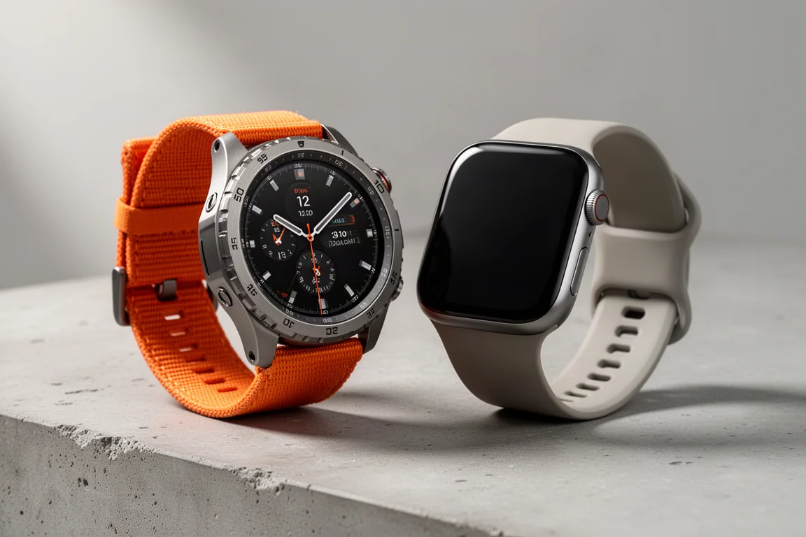 Rugged titanium smartwatch and sleek curved-edge smartwatch side by side on concrete