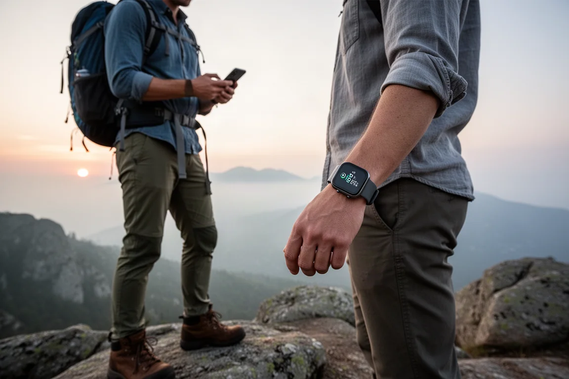 Hiker on a rocky overlook at dawn with mountains in morning haze
