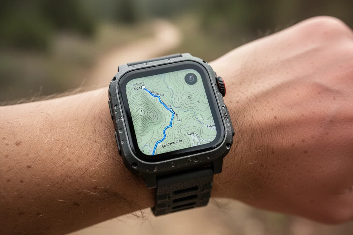 Rugged square smartwatch on wrist showing topographic map route