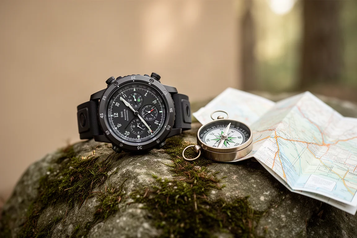 Rugged round outdoor watch on mossy rock with compass and map
