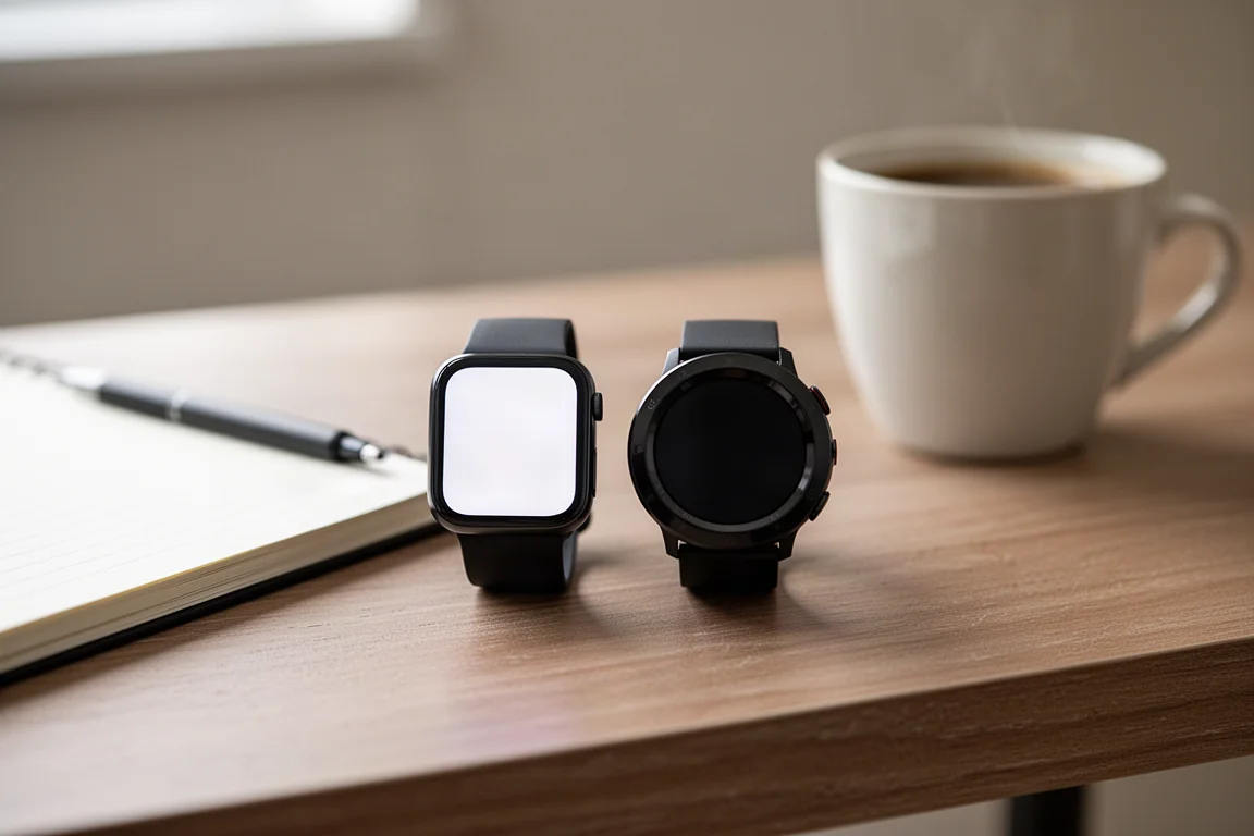 Two smartwatches side by side on wooden desk with notebook and coffee