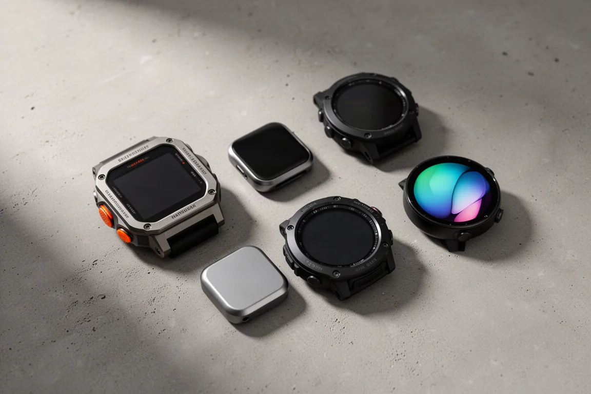 Four smartwatches arranged on a concrete surface for outdoor watch comparison