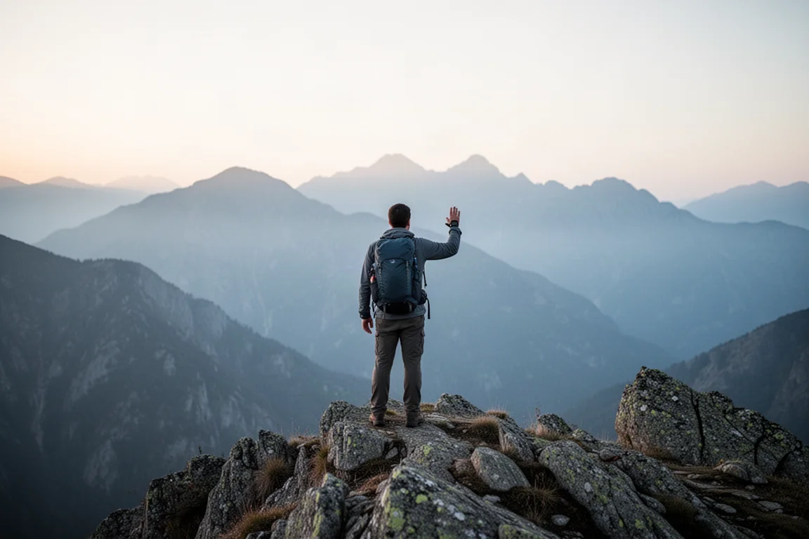 Hiker on a rocky ridge at dawn checking a wrist device