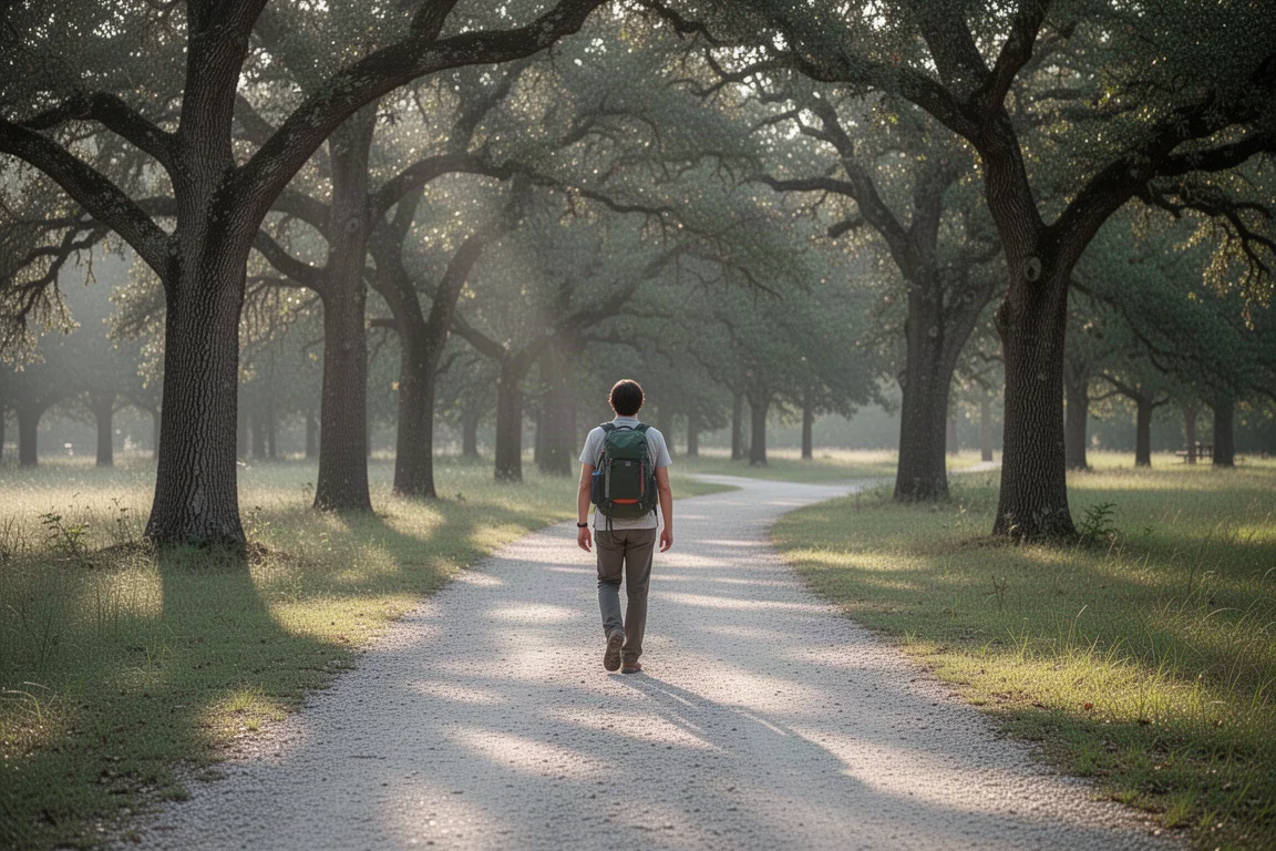 Day hiker walking a gravel trail through trees in morning light
