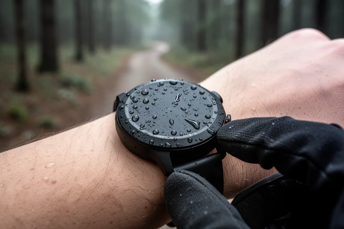 Gloved finger pressing a button on a round black watch in the rain
