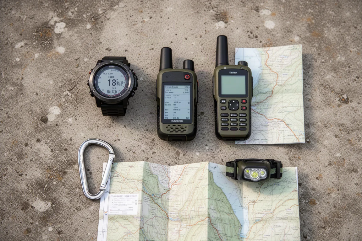 Overhead flat-lay of outdoor watch gear on weathered concrete