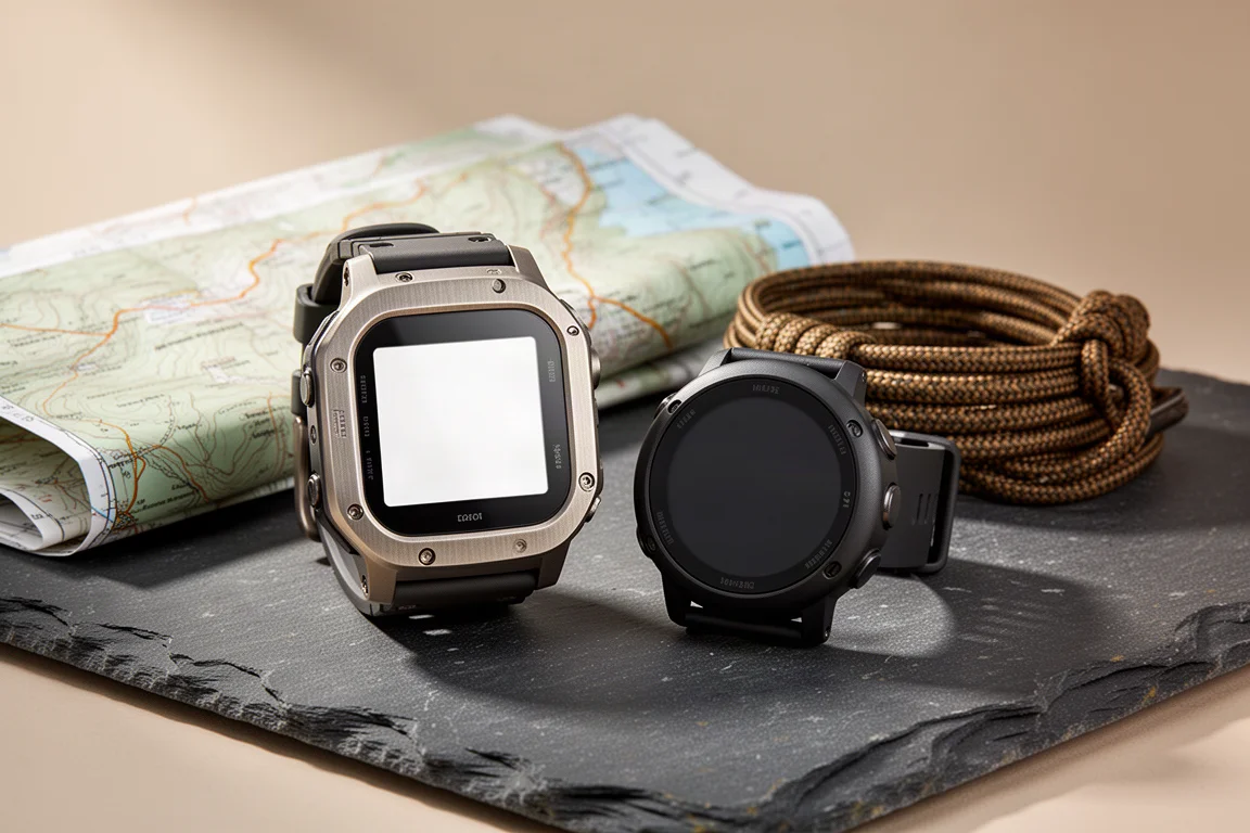 Two GPS smartwatches, a folded topographic map, and a nylon strap on slate