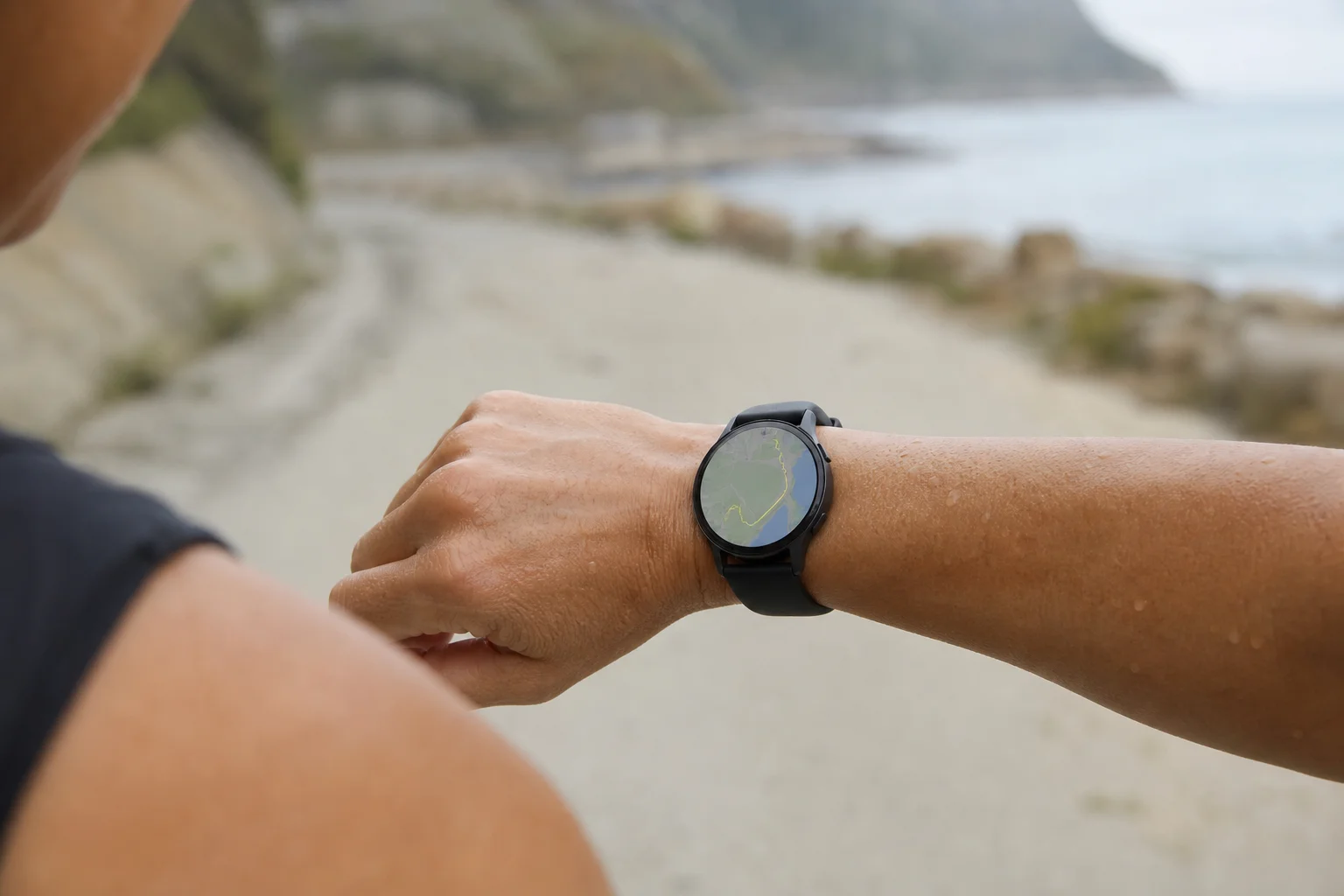 Corredor terminando un entrenamiento, revisando la pantalla del reloj con visualización de mapa