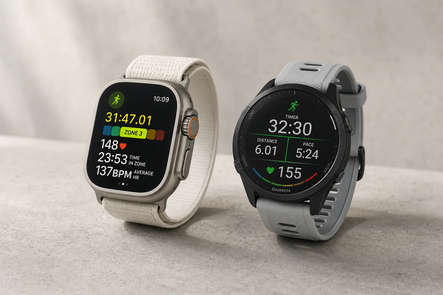 Apple Watch Ultra 與 Garmin Forerunner 965 並排放在水泥地上，顯示著運動訓練畫面