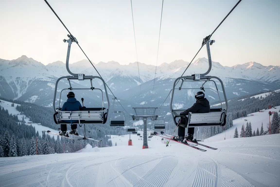 Skidåkare åker upp med en ankarlift över snötäckta backar i klart morgonljus