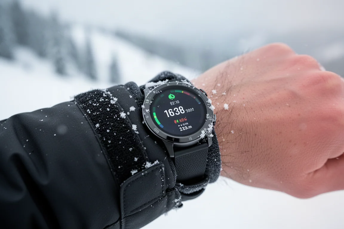 Närbild på en smartklockas skärm som visar skidstatistik i vinterljus
