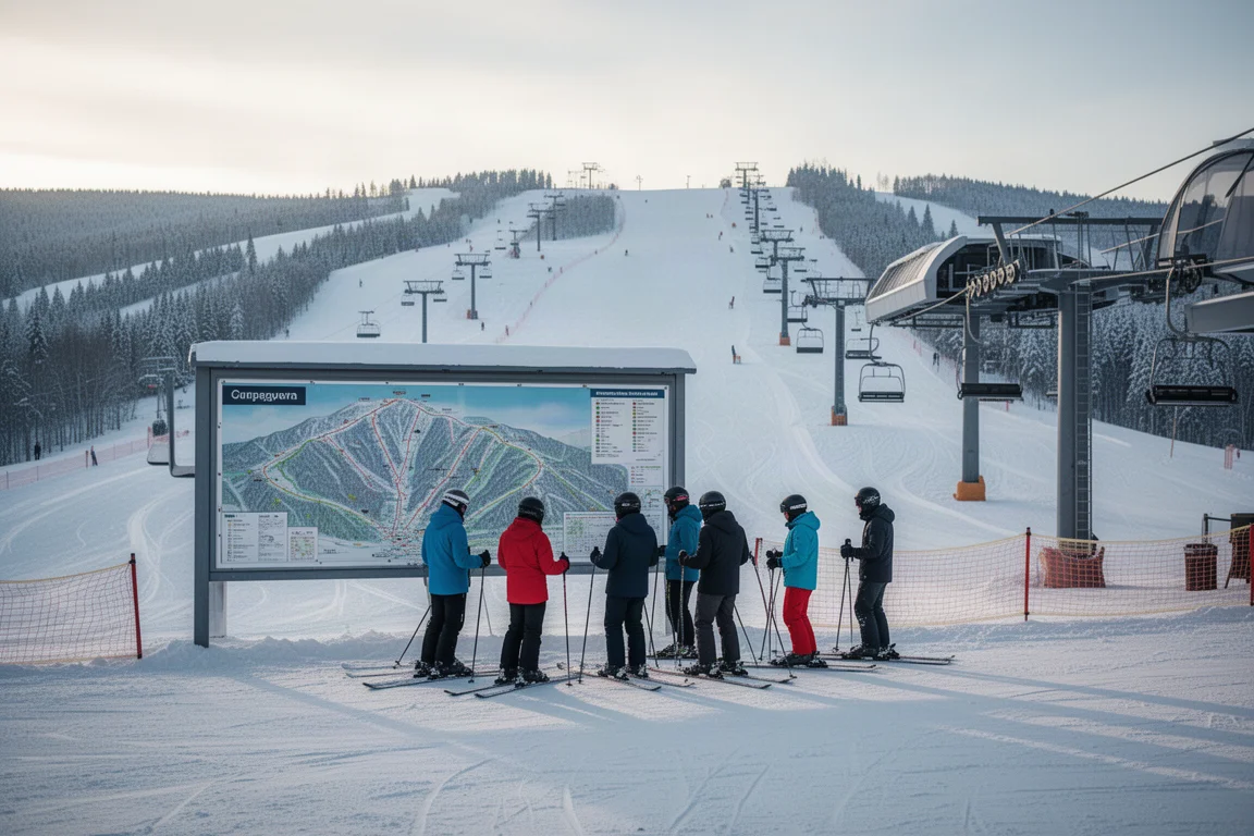 Skidåkare studerar pistkartor uppe vid en liftstation på en skidanläggning