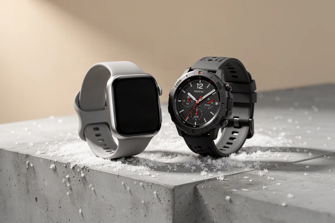 Apple Watch and Garmin sports watch side by side on a snowy concrete surface