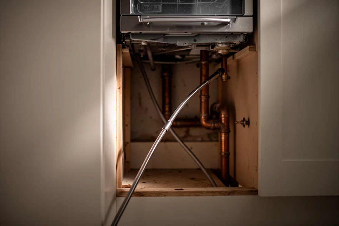 一把軟管喉箍鉗工具伸入洗碗碟機後方的狹窄空隙